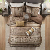 Madison Park Bellagio Cozy Comforter Set - Luxurious Jaquard Traditional Damask Design, All Season Down Alternative Bedding with Matching Shams, Decorative Pillow, Queen(90"x90"), Brown/Gold 7 Piece Madison Park