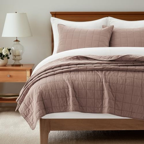 EVERGRACEHOME 100% Cotton Box Stitch Quilt Bedding Set King Size 3 Pieces, Garment-Washed Lightweight Soft Cozy Coverlet, Oversized Quilted Bedspread Sets with 2 Shams for All Season, Clay EVERGRACEHOME