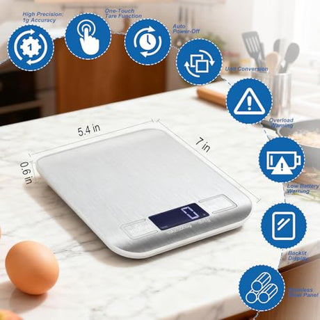 Girwu Food Scale, Digital Kitchen Scale with 1g Accuracy, 11lb/22lb Capacity & Backlit LCD, Stainless Steel Tare Scale for Baking, Cooking and Meal Prep, 5.5x7x0.6 Inches (Batteries Included) Girwu