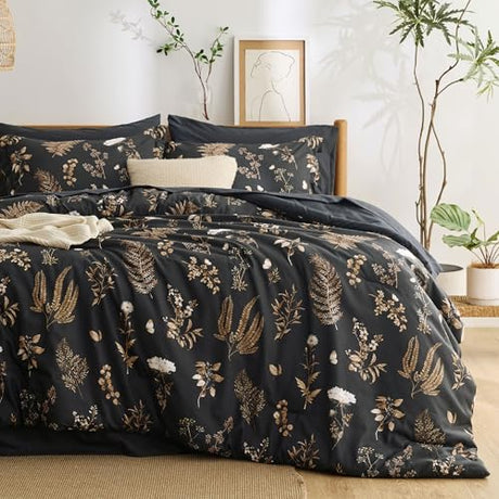 Bedsure Black Queen Comforter Set - 7 Pieces Floral Bedding Sets Queen Bed in a Bag with Reversible Botanical Flowers Comforter, Sheets, Pillowcases & Shams Bedsure