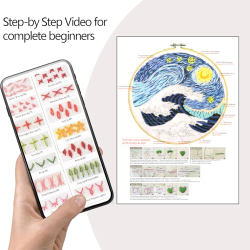 Zhenqing Wave & Starry Sky Embroidery Kit - 29x29cm Printed Fabric, Hoop & Full Tools for Beginners(S-CX0470)