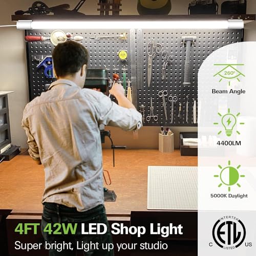 6 Pack 4FT Linkable LED Shop Light, Utility Shop Light Fixture, 4400lm, 42W [250W Equivalent], 5000K Daylight Shop Lights for Garage, Hanging or Surface Mount, with Power Cord, ETL,White hykolity