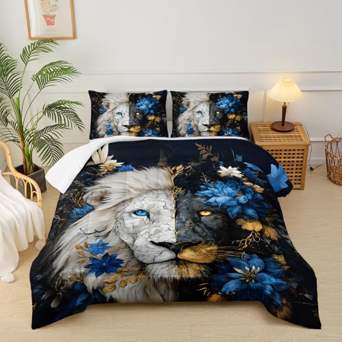 lneffble Lion Print Comforter Set King Size for Kids Boys,Black White Lion and Flower Pattern Bedding Set,Microfiber Tropical Safari Wild Animal Quilt Set with 2 Pillowcases lneffble