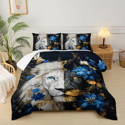 lneffble Lion Print Comforter Set King Size for Kids Boys,Black White Lion and Flower Pattern Bedding Set,Microfiber Tropical Safari Wild Animal Quilt Set with 2 Pillowcases