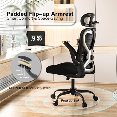 Ergonomic Office Chair, Mesh Desk Chair with Headrest, Lumbar Support, Thick Seat Cushion, Flip-up Arms, High Back Computer Task Chairs for Home Office (English, Black/Silver) CASASIO