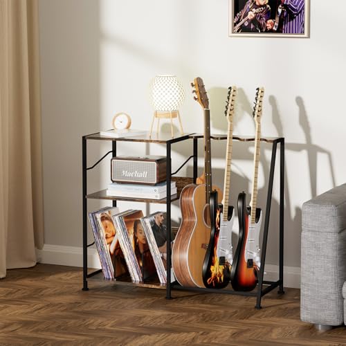 Hosfais Record Player Stand, 3 Tier Guitar Stand for Acoustic, Electric Guitar, Bass Stand, Vinyl Record Storage Up to 200 Albums, Brown Records Shelf for Living Room Bedroom (Rustic Brown) Hosfais