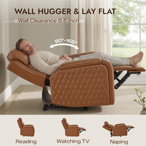 Watson & Whitely Genuine Leather Wall Hugger Power Recliner Chair with Power Headrest, Heating & Cooling, Electric Lay Flat Recliner with Cup Holders & Armrest Storage for Living Room, Saddle Brown