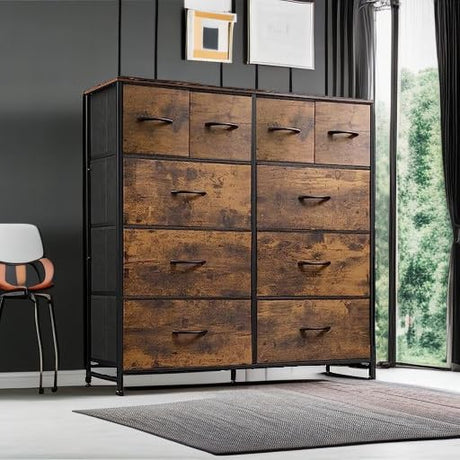 WLIVE Fabric Dresser for Bedroom, Storage Drawer Unit,Dresser with 10 Deep Drawers for Office, College Dorm, Black and Rustic Brown WLIVE