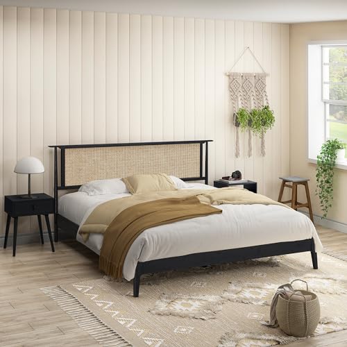 NTC Ruby Burnt Black Wooden Bed Frame with Natural Rattan Headboard, Silent Slats, and Solid Oak Foundation - King Size - WoodArtSupply