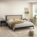 NTC Ruby Burnt Black Wooden Bed Frame with Natural Rattan Headboard, Silent Slats, and Solid Oak Foundation - King Size NTC