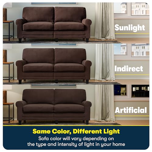 Serta Copenhagen Rolled Arm Sofa, Easy Care Polyester, Soft Pillow Back, Pocket Coil Seat Cushions, Removable Covers, Couch for Small Spaces, Living Rooms or Bedrooms, 61" Loveseat, Brown Serta