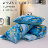 Holawakaka Light Blue Gold Marble Print Bedding Comforter Set Queen Size Marbled Bed Sets 3 Pieces (Light Blue Gold, Queen) Holawakaka