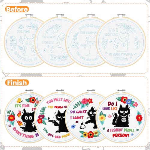Rivvlive 4 Sets Funny Cat Embroidery Kit with Embroidery Hoop Pattern Needlepoint Kit for Beginners and Adults Needlepoint Crafts Set with Needles Thread and Instruction DIY