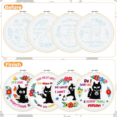 Rivvlive 4 Sets Funny Cat Embroidery Kit with Embroidery Hoop Pattern Needlepoint Kit for Beginners and Adults Needlepoint Crafts Set with Needles Thread and Instruction DIY Rivvlive