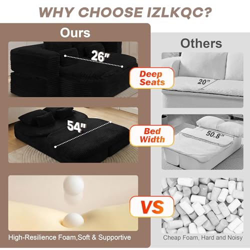 IZLKQC 75'' Folding Sleeper Sofa Bed, Convertible Memory Foam Boneless Couch, Foldable Full Size Guest Bed, Modern 2-in-1 Futon Floor Sleeper Sofa with 4 Pillows and Blanket (Corduroy, Black) IZLKQC