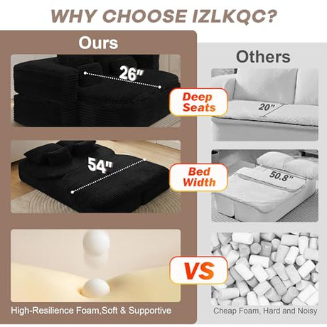 IZLKQC 75'' Folding Sleeper Sofa Bed, Convertible Memory Foam Boneless Couch, Foldable Full Size Guest Bed, Modern 2-in-1 Futon Floor Sleeper Sofa with 4 Pillows and Blanket (Corduroy, Black) IZLKQC