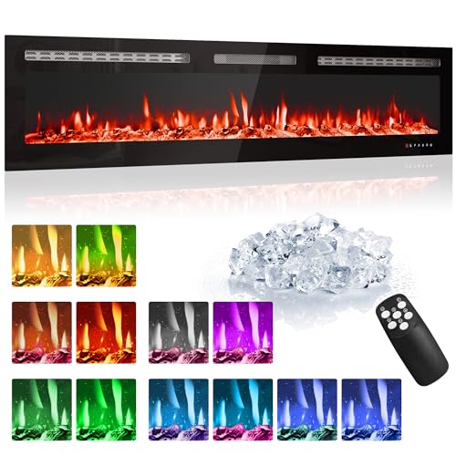 72 in Electric Fireplace, Recessed/Wall Mounted Linear Fireplace with WiFi & Remote Control, Multicolor Flame Effect, 750W/1500W Heating, Includes Log & Crystal Decor, Black Garvee