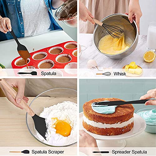 LIANYU 15-Piece Kitchen Silicone Cooking Utensils Set with Holder, Wooden Handle Kitchen Tools Include Spatula Tong Slotted Spoon Turner Whisk Brush, Black - WoodArtSupply