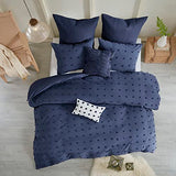 Intelligent Design Duvet Set 100% Cotton Jacquard, Tufts Accent, Shabby Chic All Season Cover for Comforter, Matching Shams, Decorative Pillows, Full/Queen (88 in x 92 in), Navy 7 Piece Intelligent Design