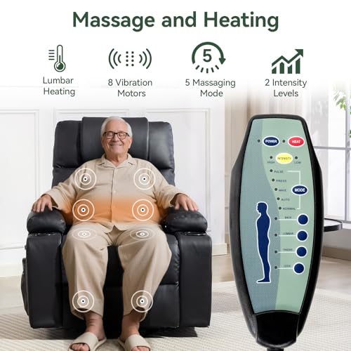 Power Lift Recliner Chair for Elderly with Heat & Massage, 160° Electric Adjustable PU Leather Recliner with Remote Control, Stand Assist, Cup Holders & Side Pockets for Living Room (Black) Vogue Furniture Direct