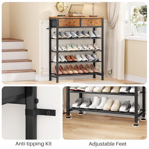 Kitstorack Shoe Rack, 5 Tier Shoe Organizer for 12-16 Pairs of Shoes, with 2 Drawers, 3 Fabric Shelves and Wooden Top, Shoe Rack for Closet Entryway, Rustic Brown Kitstorack