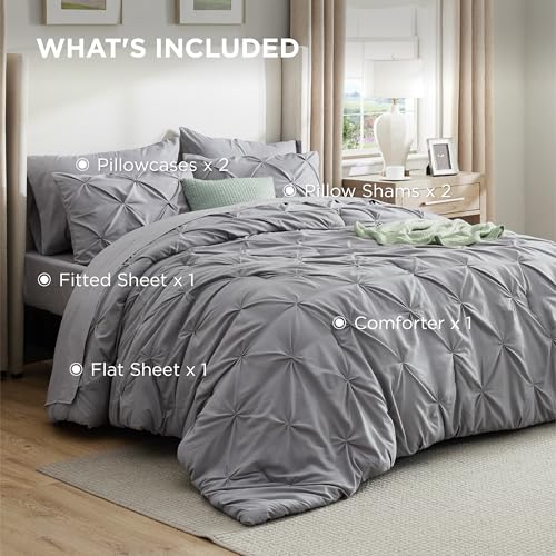 Bedsure King Size Comforter Set - Bedding Sets King 7 Pieces, Pintuck Bed in a Bag Grey Bed Set with Comforter, Sheets, Pillowcases & Shams Bedsure