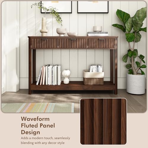 HOKYHOKY Fluted Console Table with Drawers, Modern 47.1" Entryway Table with Storage Shelf, Boho Narrow Skinny Behind Couch Wood Sofa Table for Living Room Hallway Entrance Foyer,Walnut HOKYHOKY