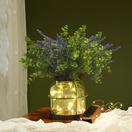 Aurabee Vintage Farmhouse Lantern Decor LED Lighted Vase, Rustic Glass Vase with Artificial Flowers 4pcs Lavenders & Eucalyptus, Farmhouse Table Centerpiece for Floral Arrangements-Hidden Switch Lid Aurabee
