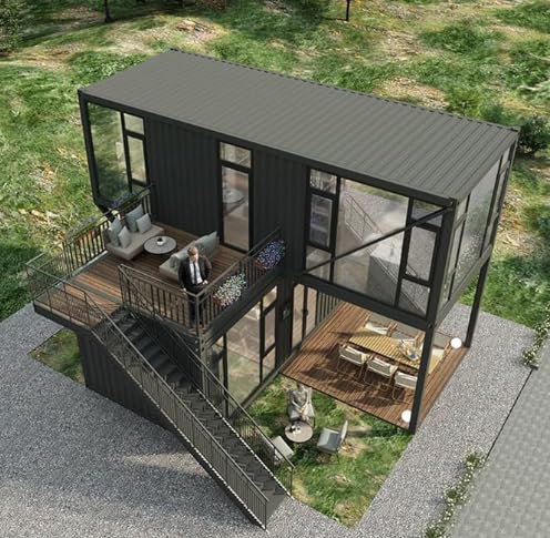 2 Room Customized Container Houses Two-Story Villas Prefab Tiny Homes to Live in for Adults Mini Mobile Home Modular Guest Homes kit casas prefabricadas para Vivir, with Stair Terrace guardrail