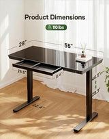 Marsail Glass Standing Desk with Drawer,55 x 28 inch Electric Standing Desk, Sit Stand Desk with One-Piece Tabletop & USB Charging Ports, Height Adjustable Desk with Storage for Home & Office Black Marsail