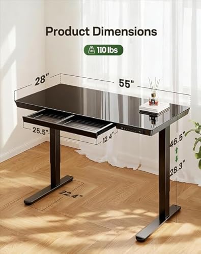 Marsail Glass Standing Desk with Drawer,55 x 28 inch Electric Standing Desk, Sit Stand Desk with One-Piece Tabletop & USB Charging Ports, Height Adjustable Desk with Storage for Home & Office Black Marsail