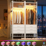 Cyclysio 75 '' Tall Garment Rack with 3 Fabric Drawers, 4-Tier Clothing Rack with Power Outlets & LED Lights, Closet System with Shoe Rack & Shelves for Small Spaces, White Cyclysio