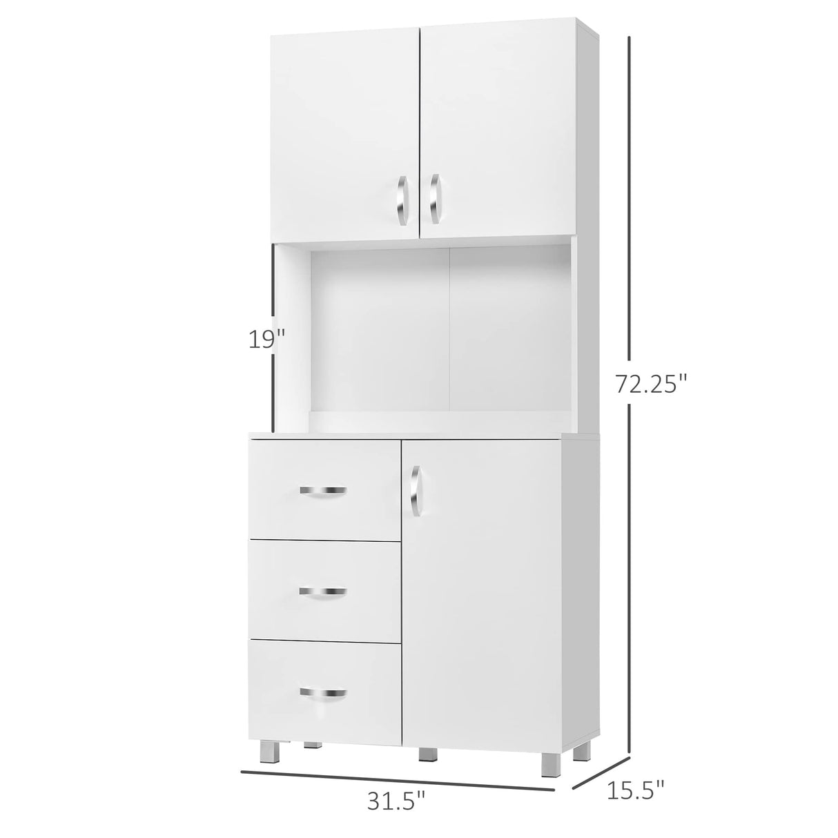 HOMCOM Freestanding Kitchen Pantry, Buffet with Hutch Storage Organizer with 2 Door Cabinets, 3 Drawers and Open Countertop, Adjustable Shelf, White HOMCOM
