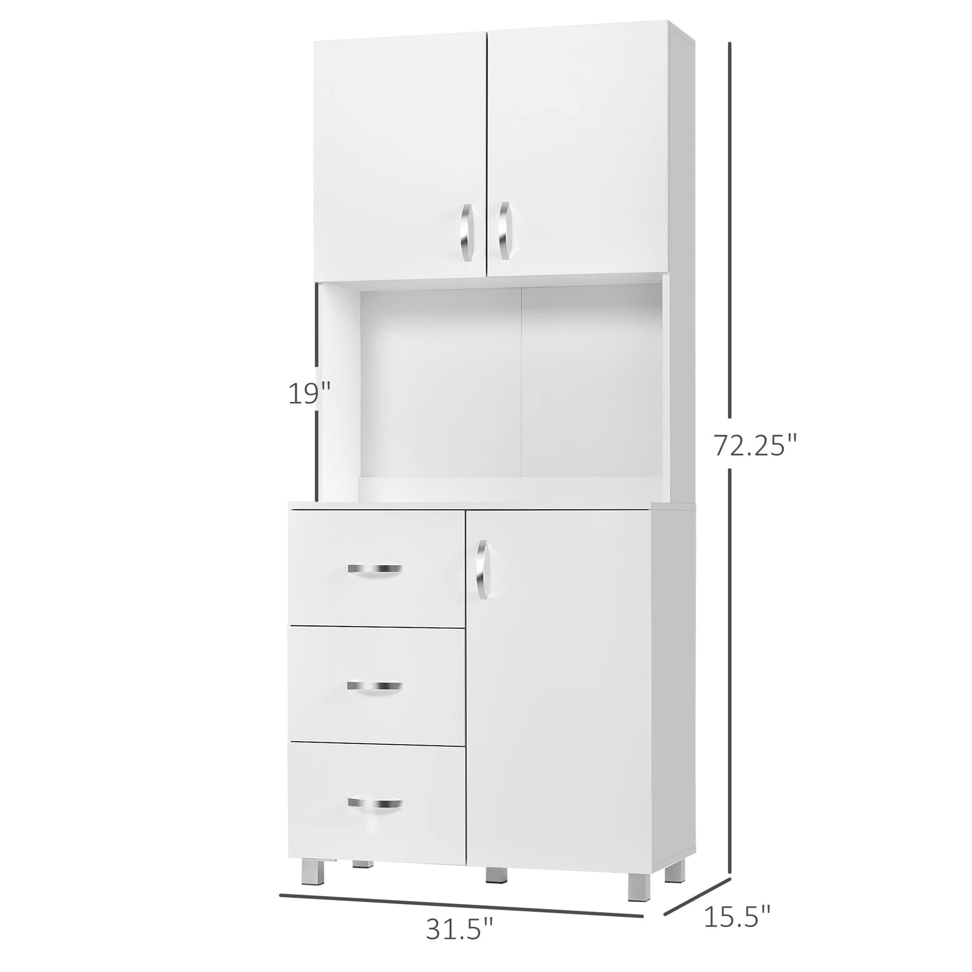 HOMCOM Freestanding Kitchen Pantry, Buffet with Hutch Storage Organizer with 2 Door Cabinets, 3 Drawers and Open Countertop, Adjustable Shelf, White - WoodArtSupply