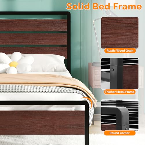 VINGLI Kids Twin Bed Frame with LED Headboard & Footboard, USB Charging Station, Metal Single Platform with 12-Inch Under Bed Storage Space for Dorm Bedroom Teen Guest Room, Mahogany Brown VINGLI