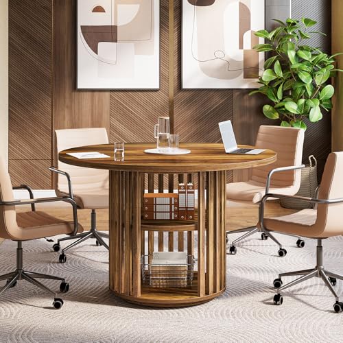 Tribesigns 47-Inch Round Conference Table for 4, Wooden Small Meeting Room Table with Storage Shelf and Solid Wood Base for Office, Conference Room, Brown Tribesigns