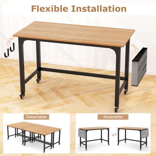 Tangkula Conference Room Table Set of 4, Mobile Computer Desk with Removable Storage Bag & 2 Hanging Hooks, Rolling Meeting Table with Heavy-Duty Metal Frame, Conference Desk (Natural) Tangkula