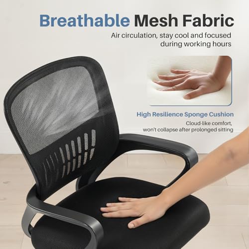 DUMOS Home Office Computer Chair - Ergonomic Mid Back Desk with Lumbar Support and Rocking Mode, Height Adjustable with Fixed Armrest, for Conference Meeting Room, 360° Swivel, Adults, Black DUMOS