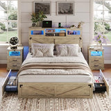 Hasuit Rustic Oak Queen Bed Frame with Bookcase Headboard, LED Lights, Charging Station & 2 Drawers Hasuit