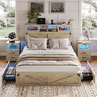 Hasuit Rustic Oak Queen Bed Frame with Bookcase Headboard, LED Lights, Charging Station & 2 Drawers - WoodArtSupply