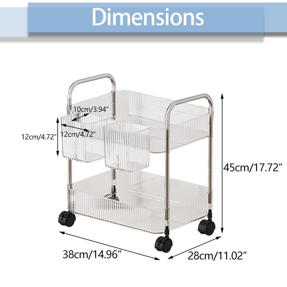 2-Tier Utility Rolling Cart Storage Organizer Sofa Side Table with Wheels, Under Desk Mobile Trolley Organizer with Handle and 2 Hanging Baskets for Office Home Kitchen Organization, Transparent Melody House