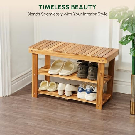 BEEFURNI Acacia Shoe Rack Bench, 3-Tier Sturdy Shoe Storage Bench, Wooden Footwear Organizer, 300 LBS Load Capacity, Perfect for Closet Entryway Bathroom, 1-Year Manufacturer Warranty, Natural Acacia BEEFURNI