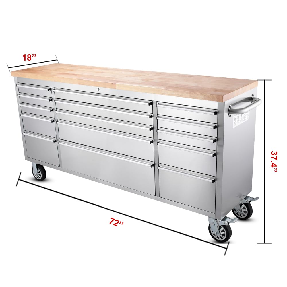 UYRIE 72-inch Stainless steel Rolling Tool Chest with 15 Drawers, Mobile Workbench, Assembled Large Tool Box Lockable Storage Cabinet with Wheels for Garage Workshop (72'' w/15 drawers) - WoodArtSupply