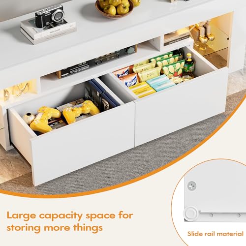 YESHOMY Modern LED TV Stand for Televisions up to 70 Inch with Glass Shelves and Drawer, Gaming Entertainment Center with Multiple Dynamic RGB Modes, for Livingroom, Bedroom, 60 Inch, White YESHOMY