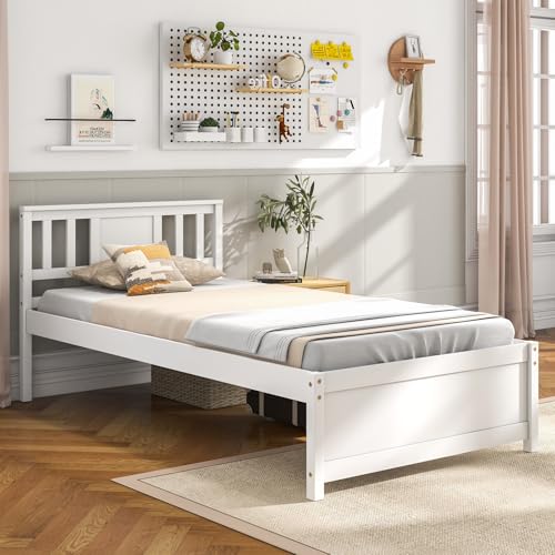 Giantex Wood Twin Bed Frames with Headboard, Mid Century Solid Wood Platform Bed with Wood Slat Support, Single Panel Bed, No Box Spring Needed, Twin Bed Frames for Kids, White Giantex