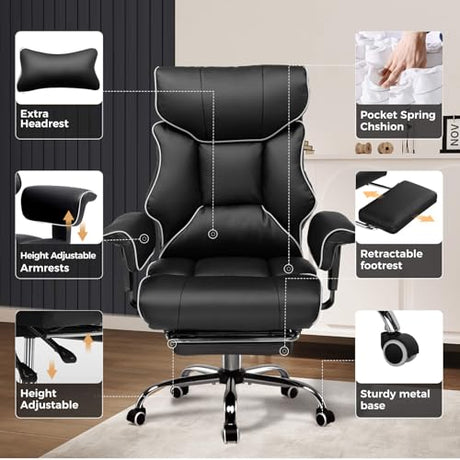 COMHOMA Big and Tall Office Chair 400lbs High Back Gaming Chair with Ergonomic Lumbar Support & Pocket Spring Cushion for Lower Back Pain Relief, Leather Executive Chair with Foot Rest, White/Black COMHOMA