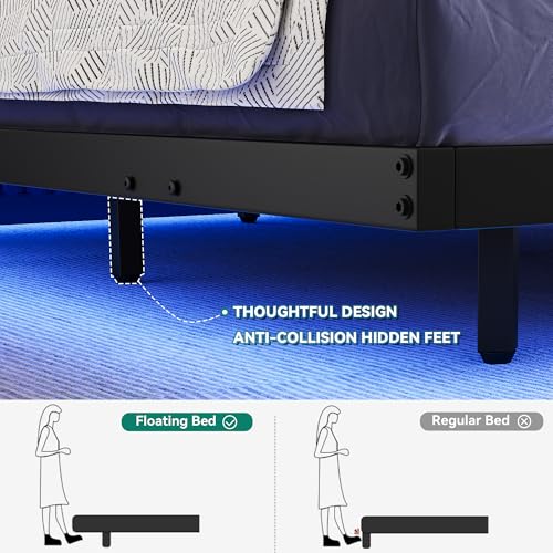 YITAHOME Floating Bed Frame Twin Size, LED Bed Frame with Charging Station, Metal Platform Twin Bed with Heavy Duty Steel Slats Supports, No Box Spring Needed, Easy Assembly, Black YITAHOME