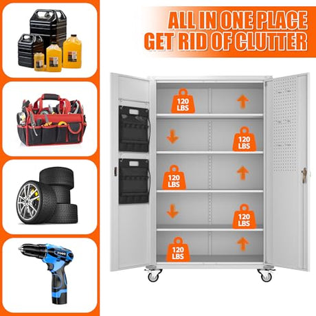 Aobabo Extra Large Garage Storage Cabinet on Wheels, Metal Storage Cabinets with 4 Adjustable Shelves, 3 Pegboards and 2 Tool Pouches for Home Office Stash, Assembly Required Aobabo