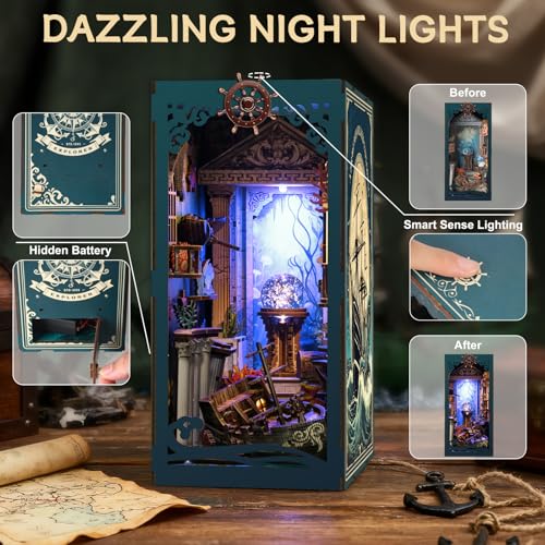 Book Nook Kits for Adults - Ocean Mystery 3D Puzzle with LED | Pirate Shipwreck Diorama & Seashell Decor | Unique Gifts for Adventure Lovers (Blue)