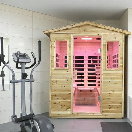 Kanlanth Outdoor Infrared Sauna with Red Light Therapy, 4 Person 2050watt Canadian Hemlock Wood Personal Sauna Room for Indoor Home, with Blue-Tooth, 4 Chromo Therapy Lighting, Control, Cup Holder Kanlanth